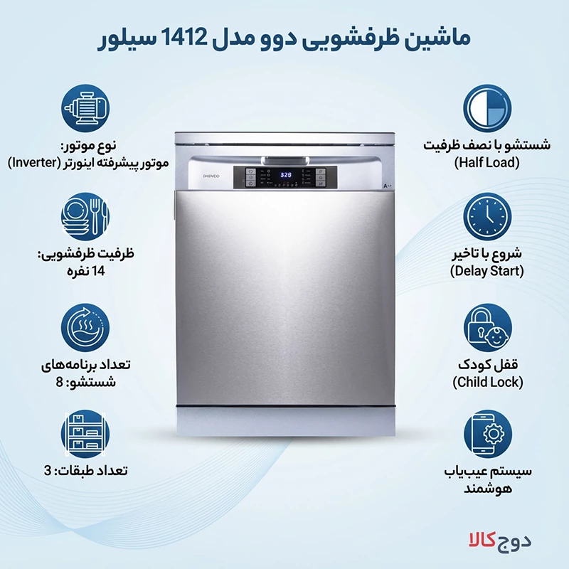 ماشین ظرفشویی دوو مدل 1412 سیلور 1 ماشین ظرفشویی دوو مدل 1412 سیلور
