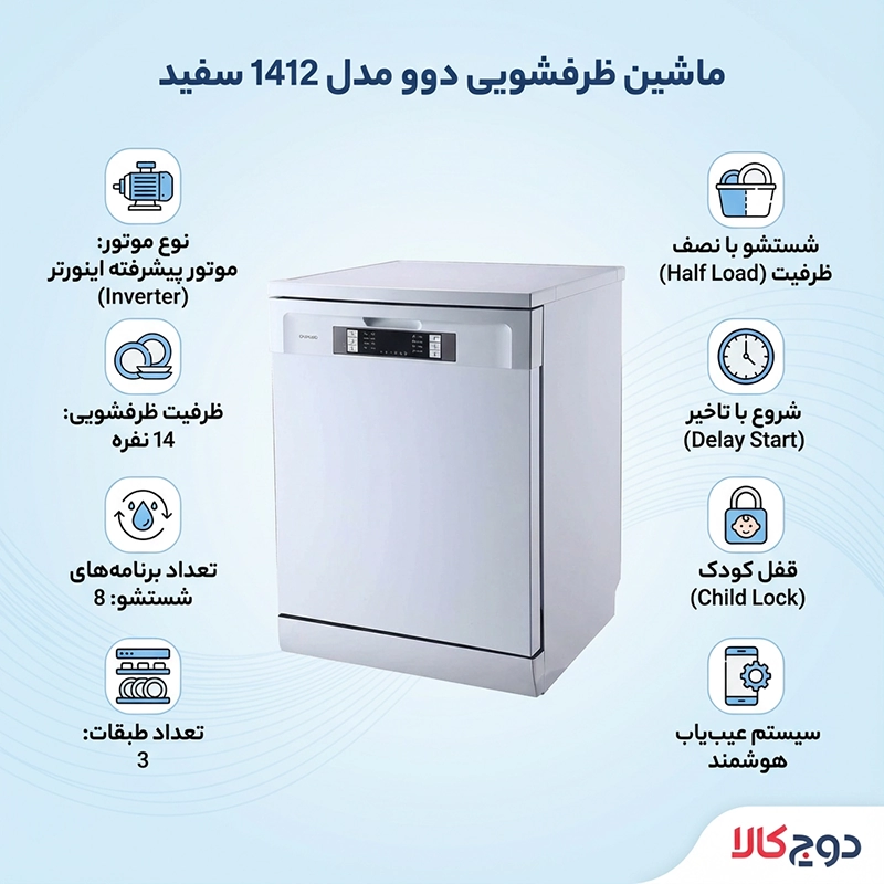 ماشین ظرفشویی دوو مدل 1411 سفید 1 ماشین ظرفشویی دوو مدل 1412 سفید