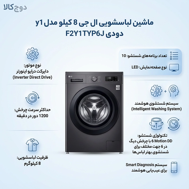 ماشین لباسشویی ال جی 8 کیلو مدل y1 دودی F2Y1TYP6J 1 ماشین لباسشویی ال جی 8 کیلو مدل y1 دودی F2Y1TYP6J