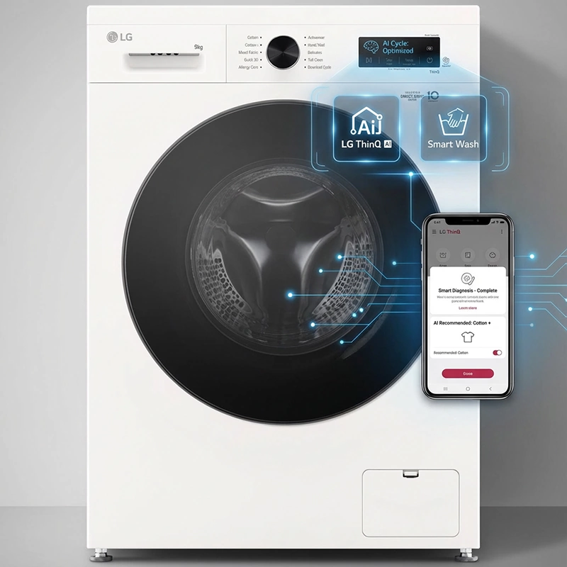 ماشین لباسشویی ال جی 9 کیلو مدل y1 سفید WY1409WVP 3 هوش مصنوعی LG ThinQ در لباسشویی ال جی سفید مدل Y1