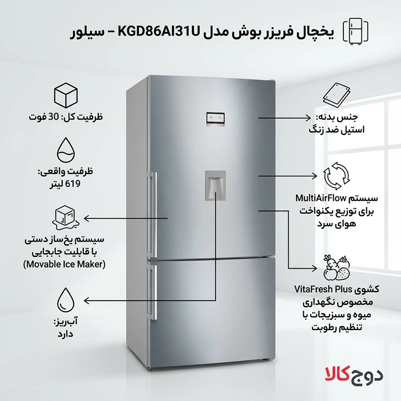 یخچال بوش بالا پایین مدل KGD86AI31U سیلور 1 یخچال بوش بالا پایین مدل KGD86AI31U سیلور